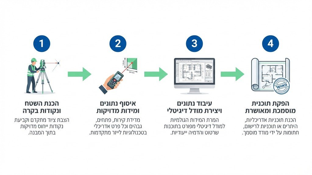 מודד מוסמך מבצע מדידות פנים להכנת תשריט בית משותף