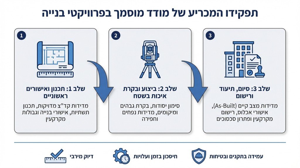 מודד קרקע מוסמך מבצע מדידה בשטח עבודה