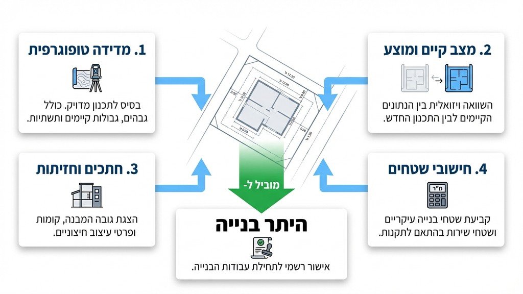 שרטוטים הנדסיים ותוכניות בנייה פרוסות על שולחן עבודה