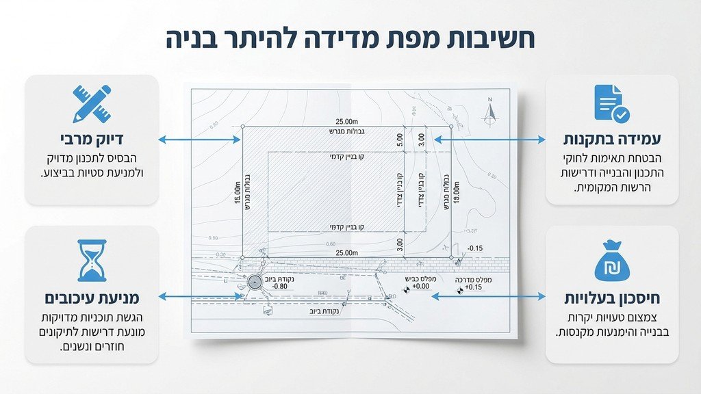 מפת מדידה טופוגרפית להיתר בניה פרוסה על שולחן עבודה