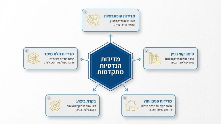 ציוד מדידה טופוגרפי מקצועי מוצב על חצובה באתר בנייה פעיל