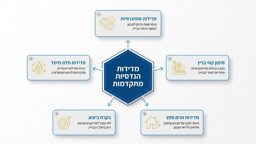 ציוד מדידה טופוגרפי מקצועי מוצב על חצובה באתר בנייה פעיל