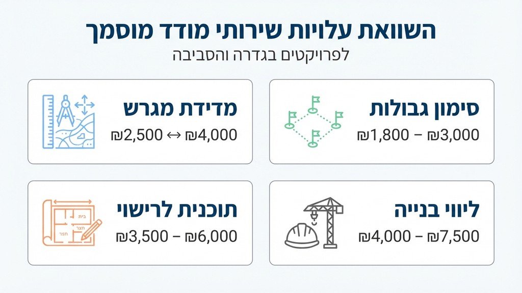 שרטוטים אדריכליים ומפות טופוגרפיות פרוסים על שולחן עבודה עם כלי שרטוט