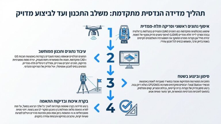 מודד מוסמך מבצע מדידה בשטח באמצעות מכשיר טוטאל סטיישן